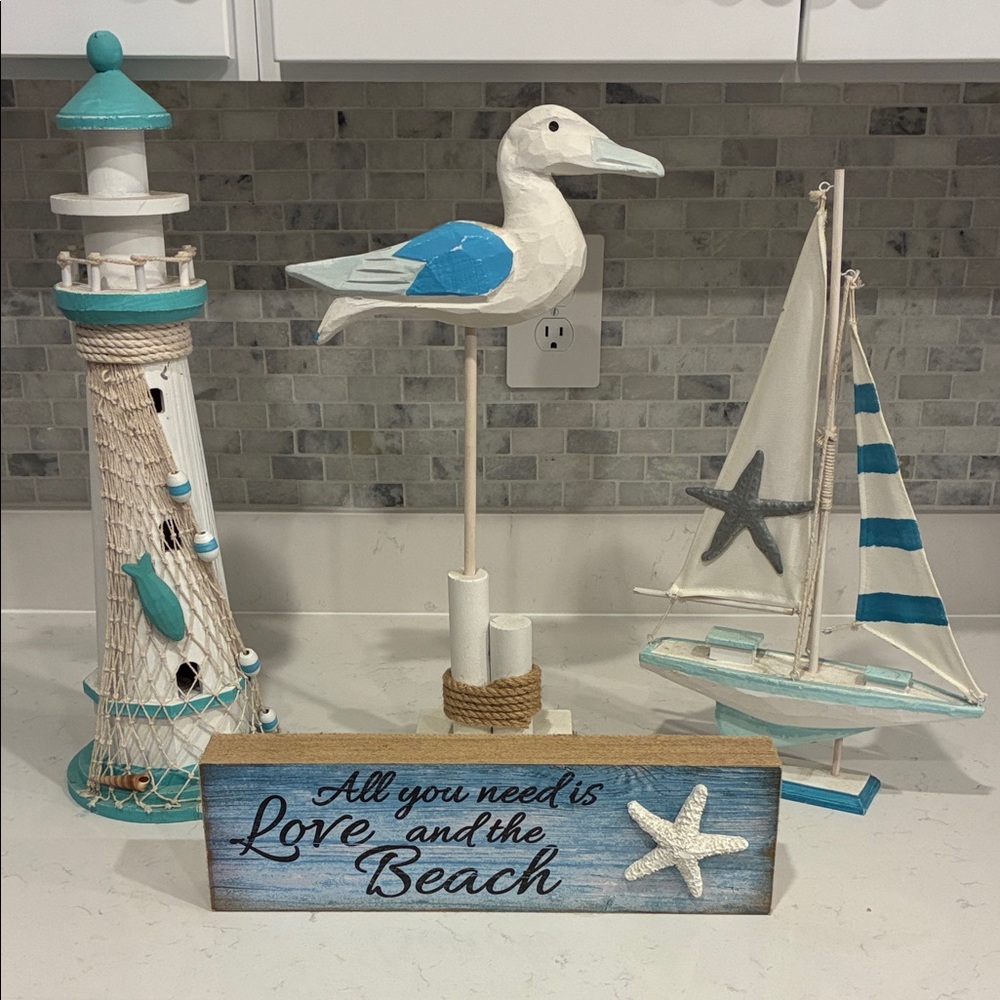 Coastal Decor Set with Lighthouse, Seagull, and Sailboat